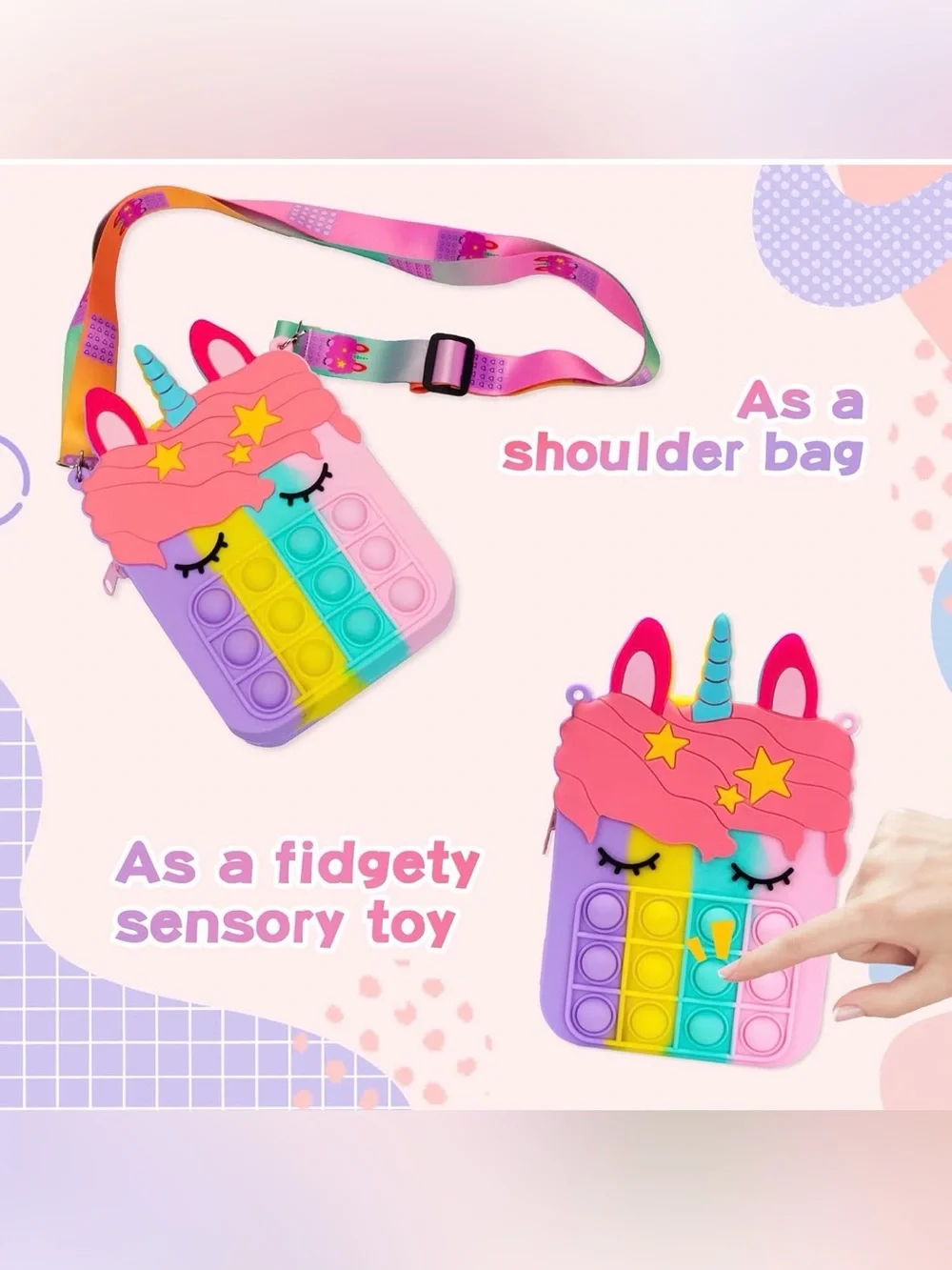 Unicorn push bubble fidget bag Pop purse rainbow silicon crossbody Set of 2